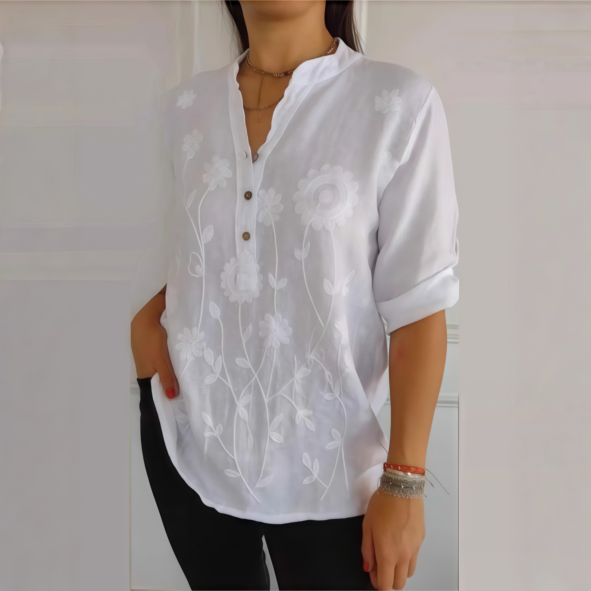 Women's Lace Embroidered V Neck Button Shirt Casual Elegant Fashion Blouse for Autumn Export Independent Website Europe & America_ecoleips.com
