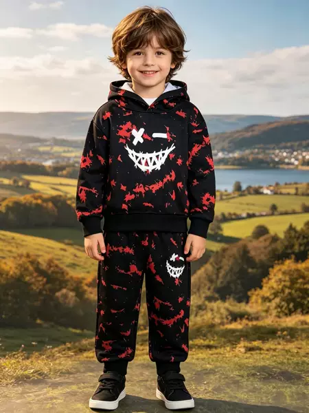 Cross-Border Ins Infant and Toddler Boys' Spring and Autumn Fleece Hooded Personalized Printed Long-Sleeve Top and Pants Set