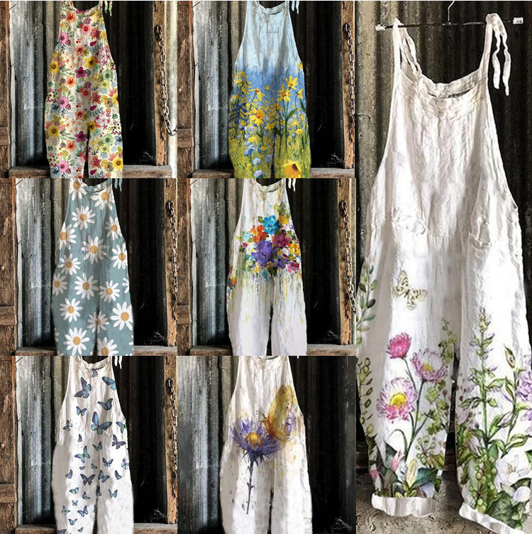 2023 Amazon Summer New Women's Printed Retro Jumpsuit European and American Foreign Trade Explosions Sling Jumpsuit for Women