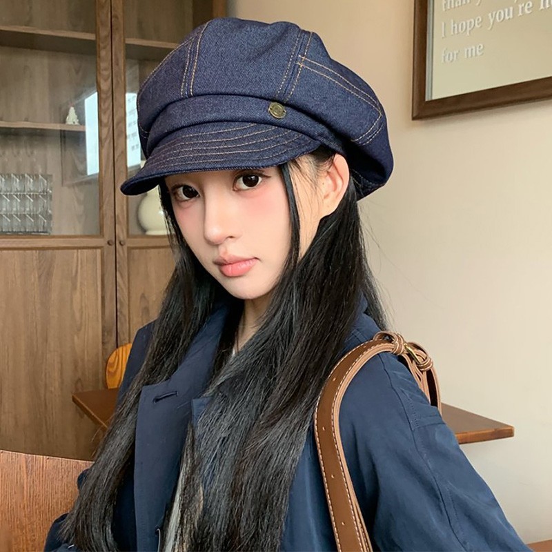 韩版时尚金属标牛仔贝雷帽子女春夏复古画家南瓜帽显脸小八角帽子|undefined