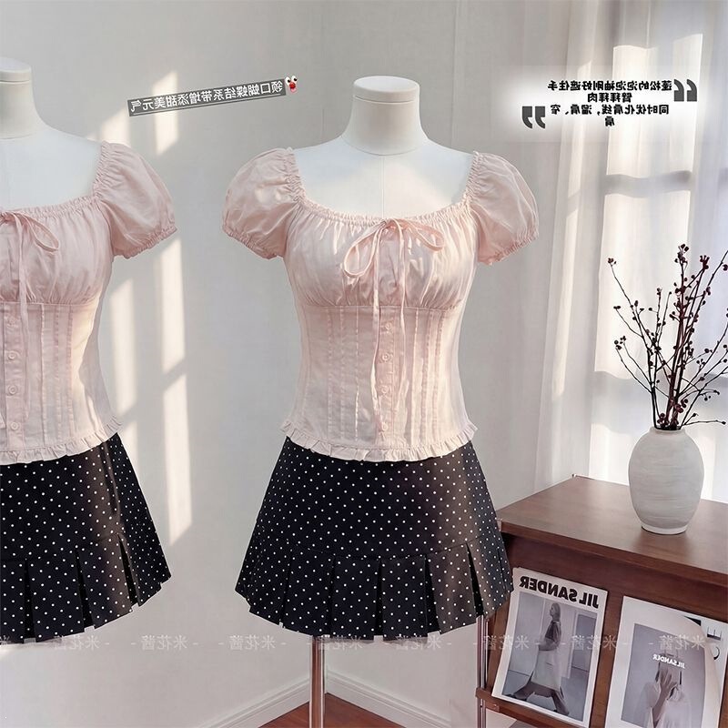Korean-Style Sweet Hollow-Out Square-Neck Off-Shoulder Puff-Sleeve Blouse with Bow Lace Shirt for Women, New Summer Model Korean-Style Sweet Hollow-Out Square-Neck Off-Shoulder Puff-Sleeve Blouse with Bow Lace Shirt for Women, New Summer Model