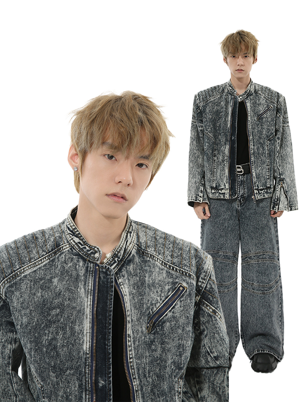 MTLCLOTHES Hombres| Nuevos productos de otoño estilo retro americano empalme pesado hombro conjunto de vaqueros casuales