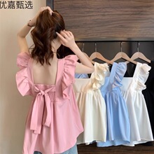 甜美露背无袖蝴蝶结娃娃法式上衣夏季方领新款小飞袖设计衬衫发货