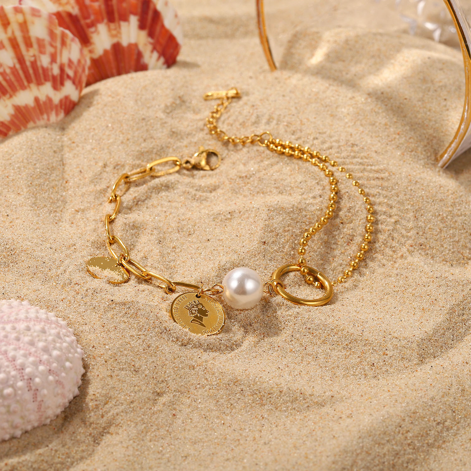 Retro style stainless steel 18K Gold plated Elizabeth Coin Pendant Pearl Ball Bead Chain Stitching Braceletpicture6