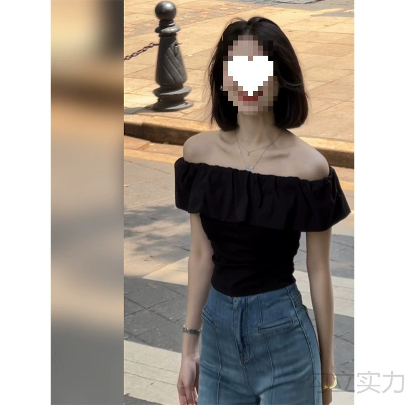 Черная женская летняя рубашка с короткими рукавами на одно плечо, тонкая и сексуальная короткая рубашка с открытыми плечами, уникальный и красивый топ с защипами на талии.