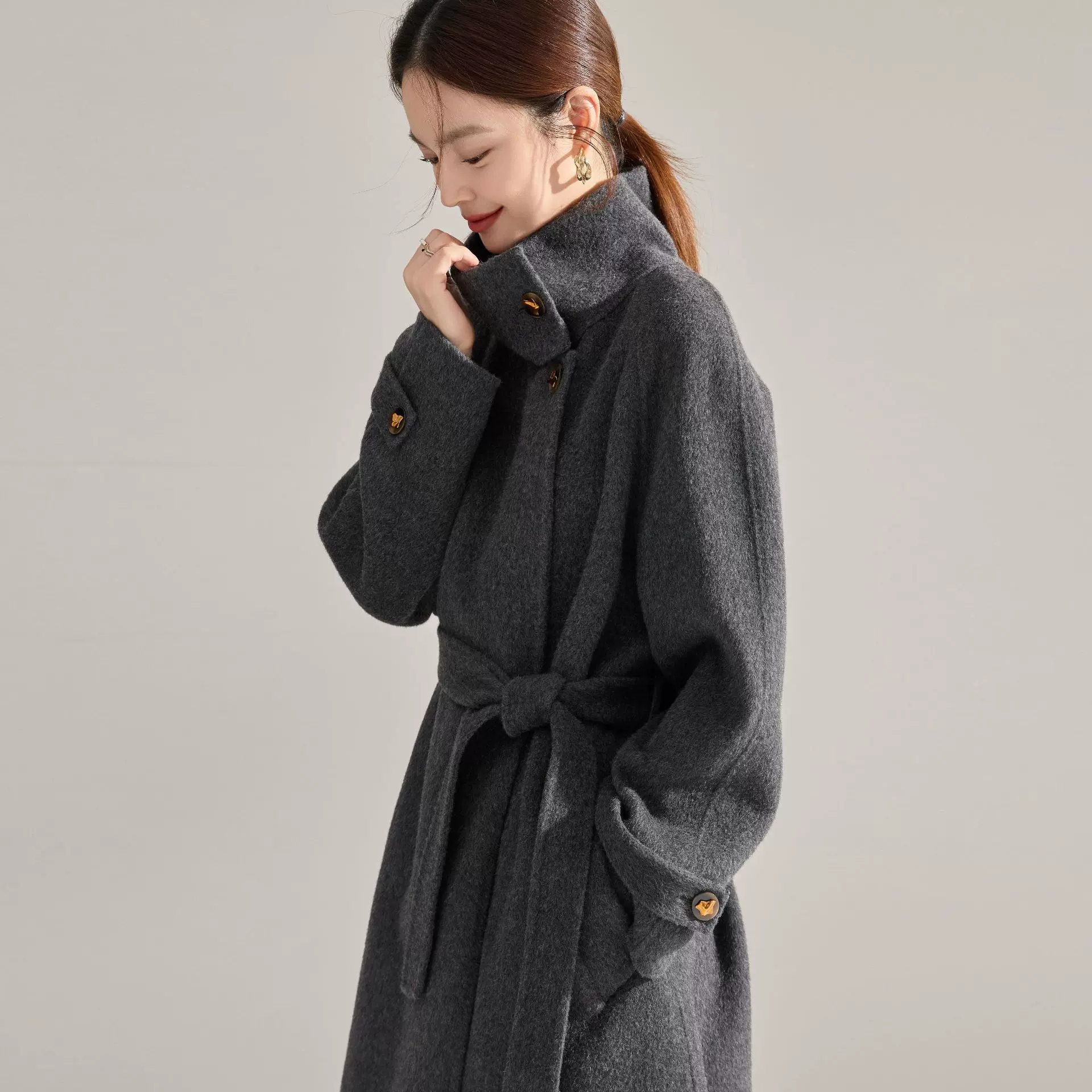 冬季新款立领双面羊毛大衣女系带中长款收腰过膝毛呢外套15873