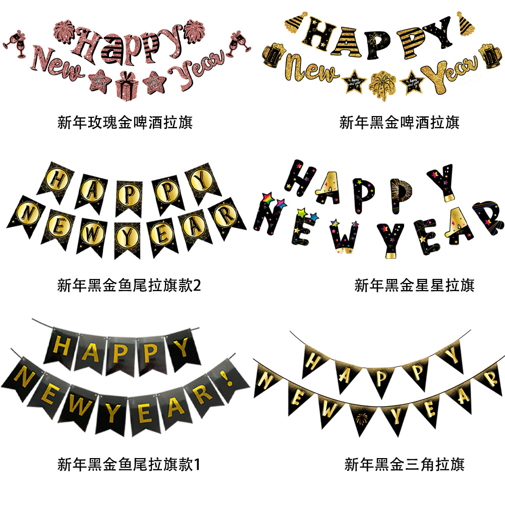 Bandera de oro negro Año Nuevo Bandera de extracción Feliz Año Nuevo Bandera de cola de pez Bandera de triángulo Año Nuevo decoración de año nuevo traje de bandera de extracción
