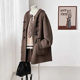 【咖啡可可】新款学院风牛角扣绵羊毛大衣女秋冬保暖通勤外套HL62