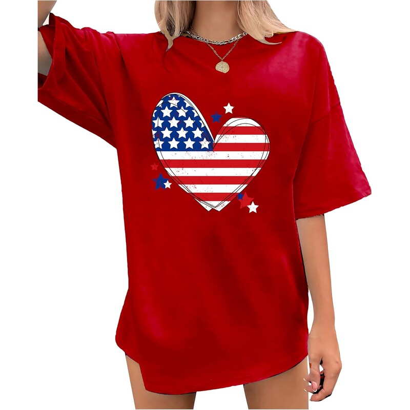 Cross-Border European Size [European Size Cotton T-Shirt] American Shirt Women's July 4Th Gift T-Shirt Patriotic Heart-Shaped Short-Sleeve