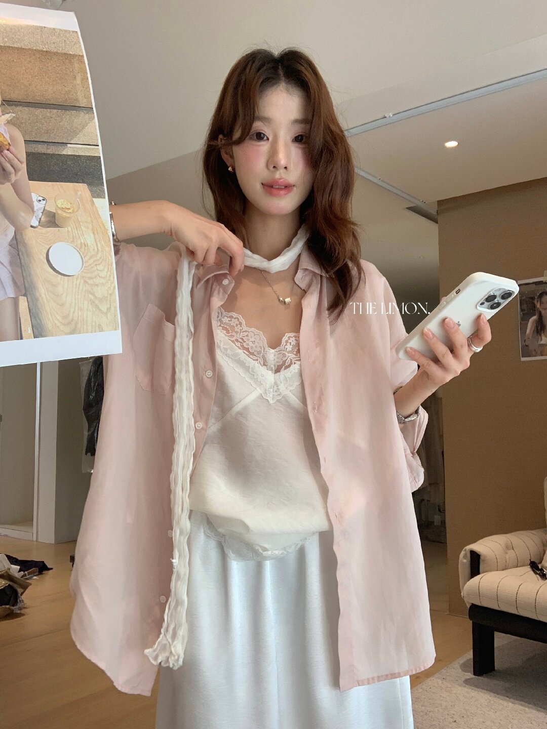 Áo sơ mi nữ tay dài chất liệu tencel phong cách lười biếng ấm áp — Vàng nhạt, xanh lam, Xanh lá cây nhạtcolor, màu hồng chi tiết 92
