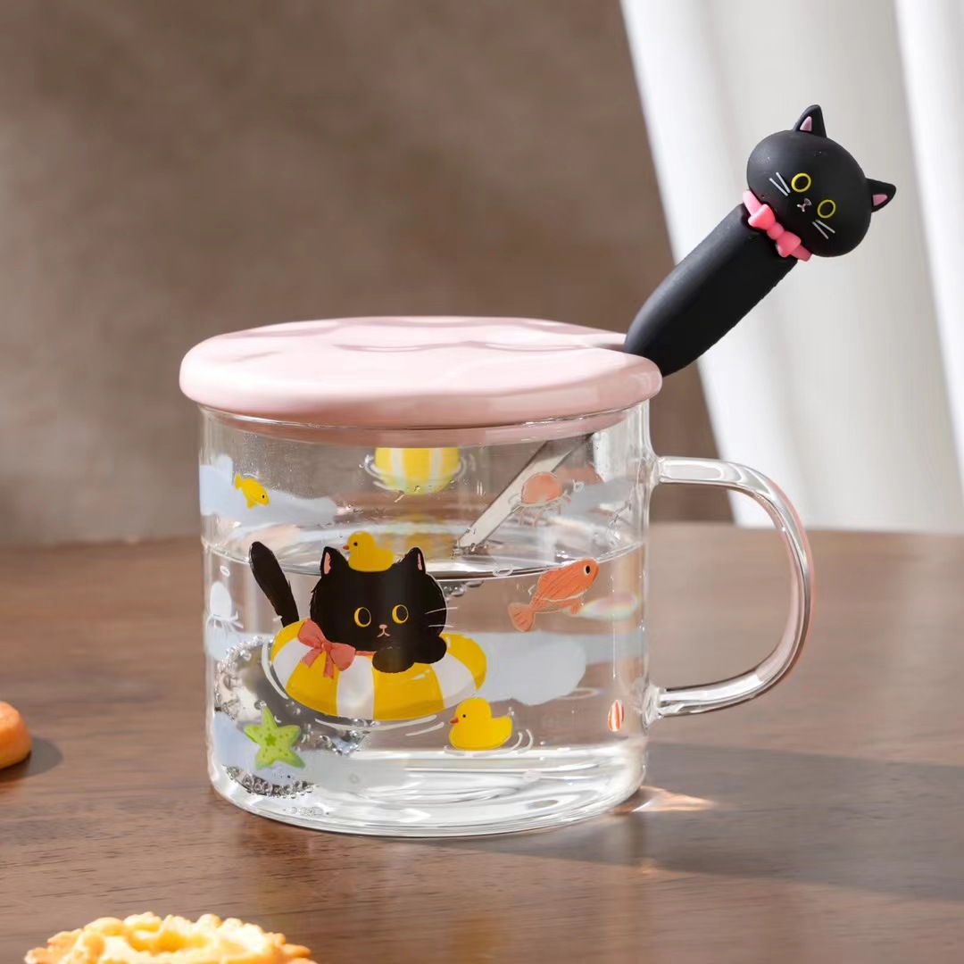 Creativo de dibujos animados pequeño gato negro taza de agua de vidrio de alto valor encantador pequeño regalo de personalidad fresca taza de regalo