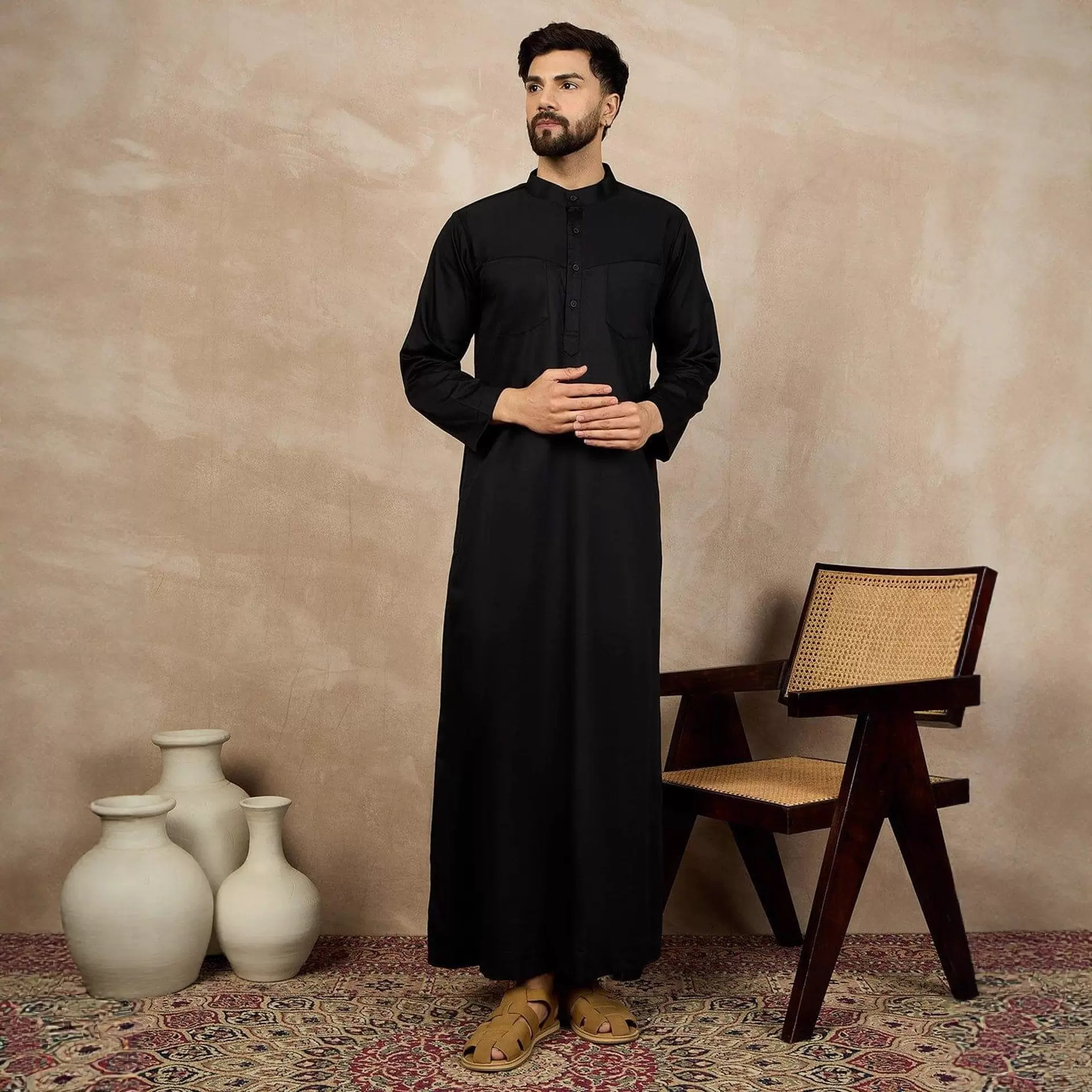 2025新款中东穆斯林男士白色小立领前排扣口袋阿拉伯长袍