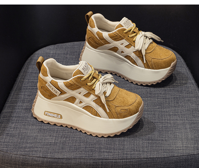 Giày sneaker nữ đế dày tăng chiều cao 7 cm phong cách đa năng mùa thu đông — M2999 li đơn màu vàng, M2999-1 màu vàng nhung, M2999-1 màu nâu cộng nhung, M2999 lớp lót đơn màu nâu chi tiết 15
