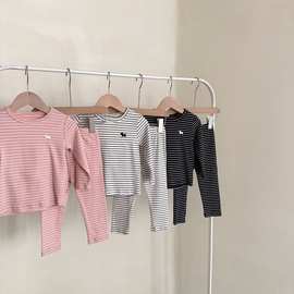 儿童德绒条纹套装保暖睡衣内衣男童女童秋衣秋裤家居服秋冬两件套