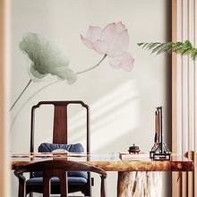 新中式电视背景墙纸荷花客厅沙发壁纸5d墙布茶室书房淡雅挂画壁画