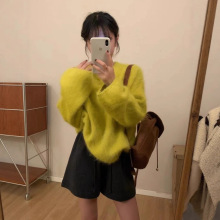 2025秋冬长毛水貂绒毛衣女短款圆领套头加厚水貂毛外套毛茸茸外穿