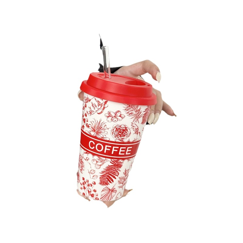 セラミックカップ高颜値夏ストローカップ女子デザイン感コップ家庭用マグカップオフィスコーヒーカップ|undefined