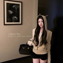 车迟恩Chien 小恶魔复古麂皮绒夹克上衣春连帽拉链卫衣短款外套女