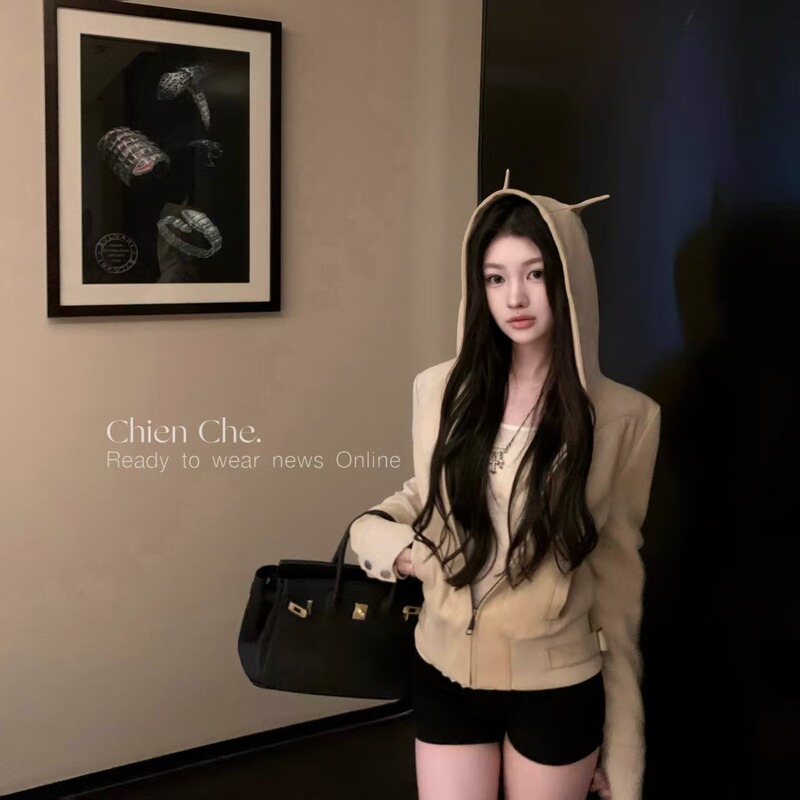 车迟恩Chien 小恶魔复古麂皮绒夹克上衣春连帽拉链卫衣短款外套女|undefined