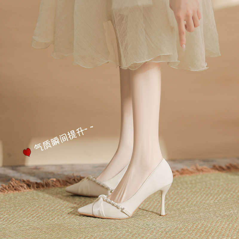2025 New Pointed Stiletto Heel plus size Plus Fat Widened Pearl Women's Shoes Small Size Shallow Mouth Fairy Style