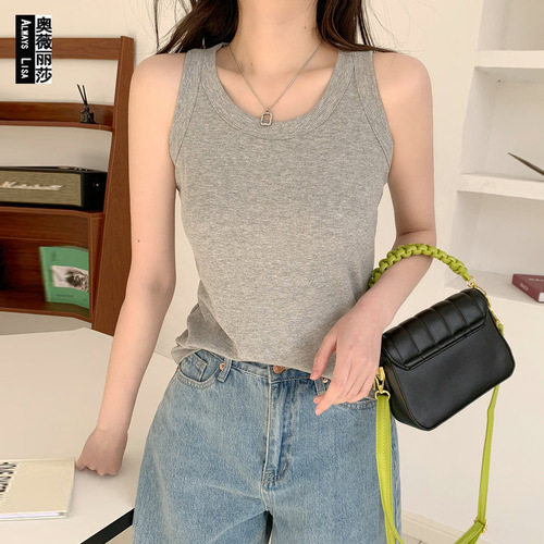 Lightweight, wide-shoulder strap, no-sleeve, summer-style women's outerwear, backless ribbed tank top, slimming top for layering under blouses