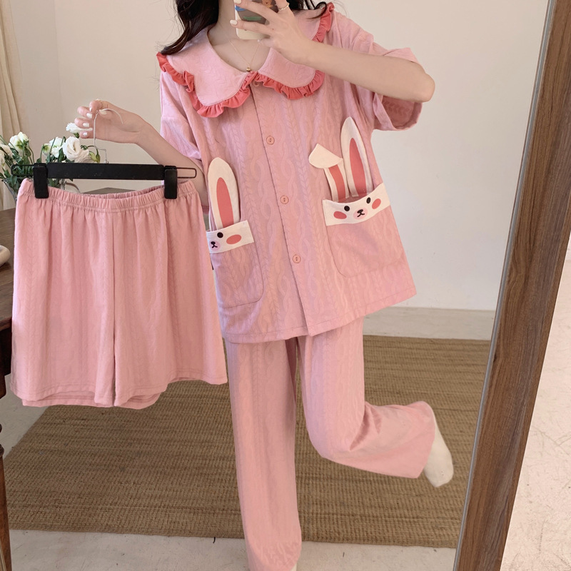 パジャマ女性夏綿質半袖三点セットかわいいアニメ薄手女子学生夏生放送ホームウェア卸売り|undefined