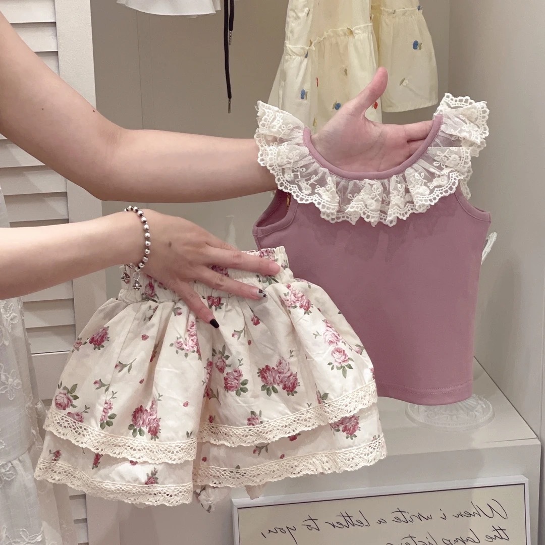 Girls Floral Suit 2025 New Summer Kidsren's Baby Girl Lace Vest Skirt Two-Piece Set