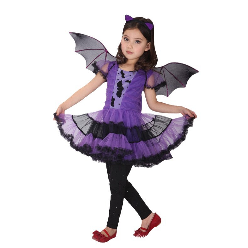 国境を越えた新型ハロウィーン魔女服装児童紫色コウモリ翼演出服装ドレス王女ワンピース|undefined