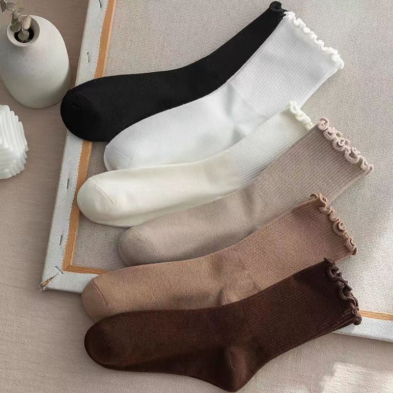 Socks Women's Mid-barrel Spring and Autumn Sexy Wood-ear Lace Ins Japanese All-match Piled Autumn and Winter JK Women's Socks