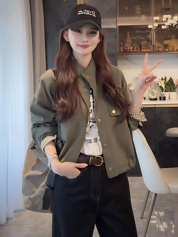 韩系格子拼接立领外套女2025秋季新款短款高级感宽松百搭夹克上衣|undefined
