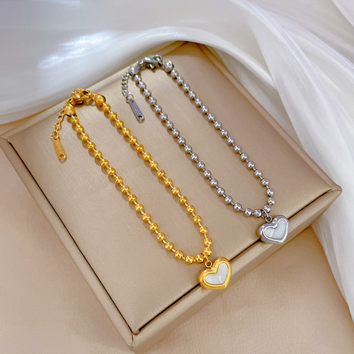 [Full body titanium steel] Dongdaemun personality temperament forest style love mother-of-pearl round bead bracelet female Internet celebrity retro best friend