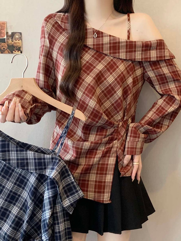 感格子斜肩长袖衬衫早秋2025新款大码女装胖mm不规则收腰上衣|undefined