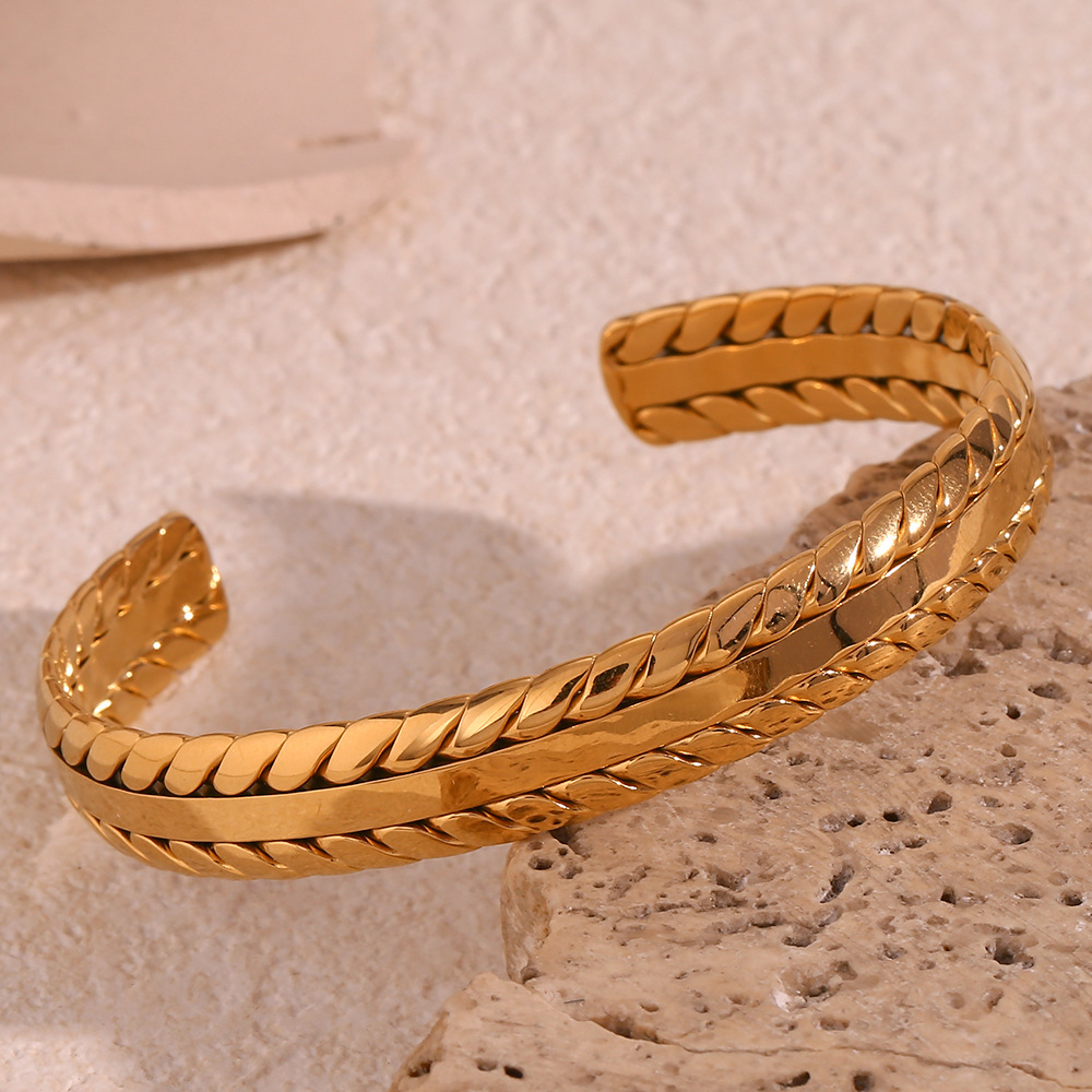 Gold Color Braided Pattern Open Stainless Steel Bracelet
