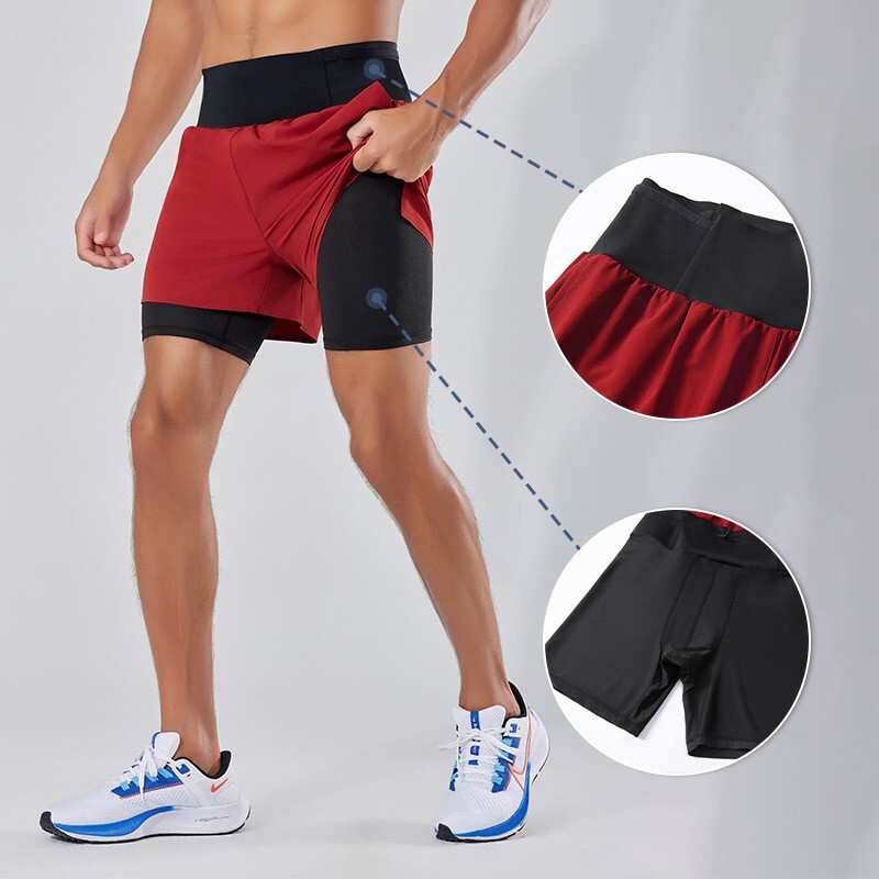 Spring and Summer Sports Shorts for Men and Women, Fake Two-piece Running Fitness Marathon Training Quick-drying Pants, Mobile Phone Waist Bag to Prevent Exposure