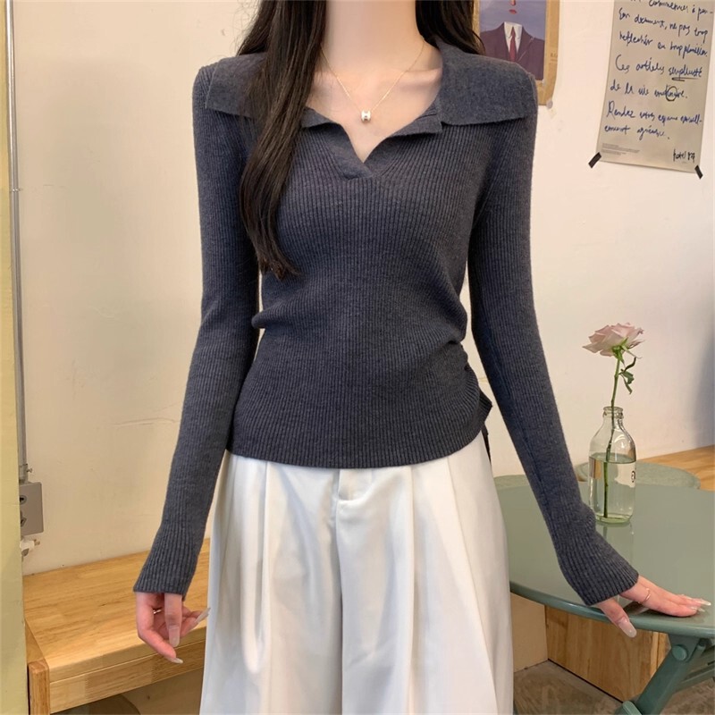 Beautiful and Beautiful Polo Collar Drawstring Long-Sleeved Autumn and Winter Sweater Knitted Bottoming Shirt Women's Waist-Cinching V-Neck Top