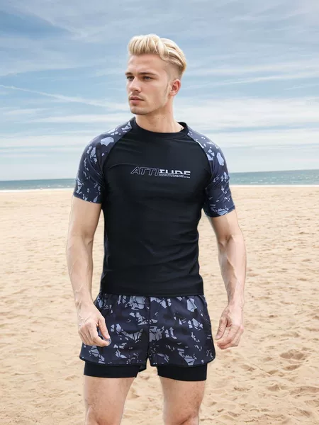 Swimwear conservative men's suit adult swimming trunks teenagers loose sunscreen short sleeve swimming suit summer hot spring wholesale