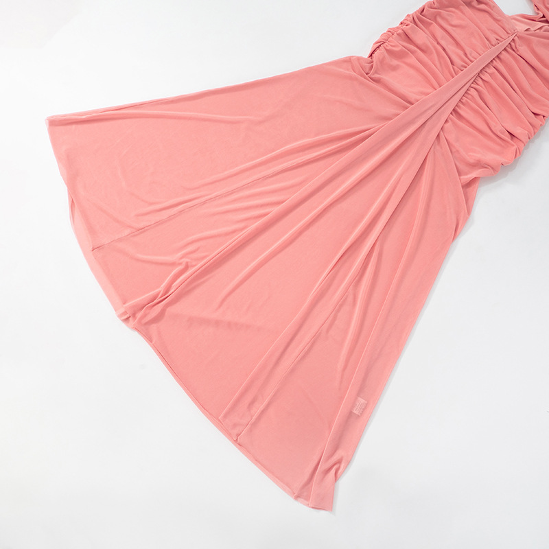 Women Clothing Spring Summer Solid Color Elegant Socialite Pleated Sexy Oblique Shoulder Dress Women