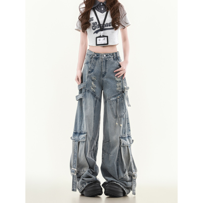 Multi-Pocket Workwear Jeans for Men and Women, Straight Loose Wide-Leg American High Street Style Pants, Trendy Brand with a Cool Ripped Design
