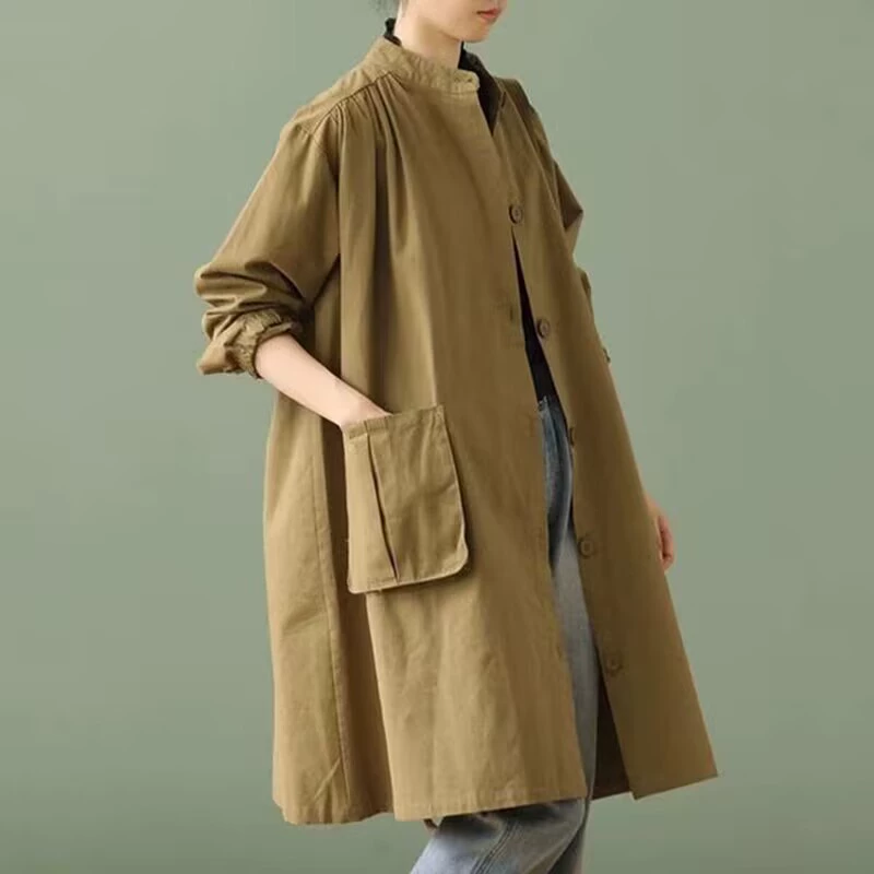Свободная литературная ветровка с длинными рукавами осенний и зимний стоячий воротник сплошной цвет большой карман средне-длинная повседневная куртка