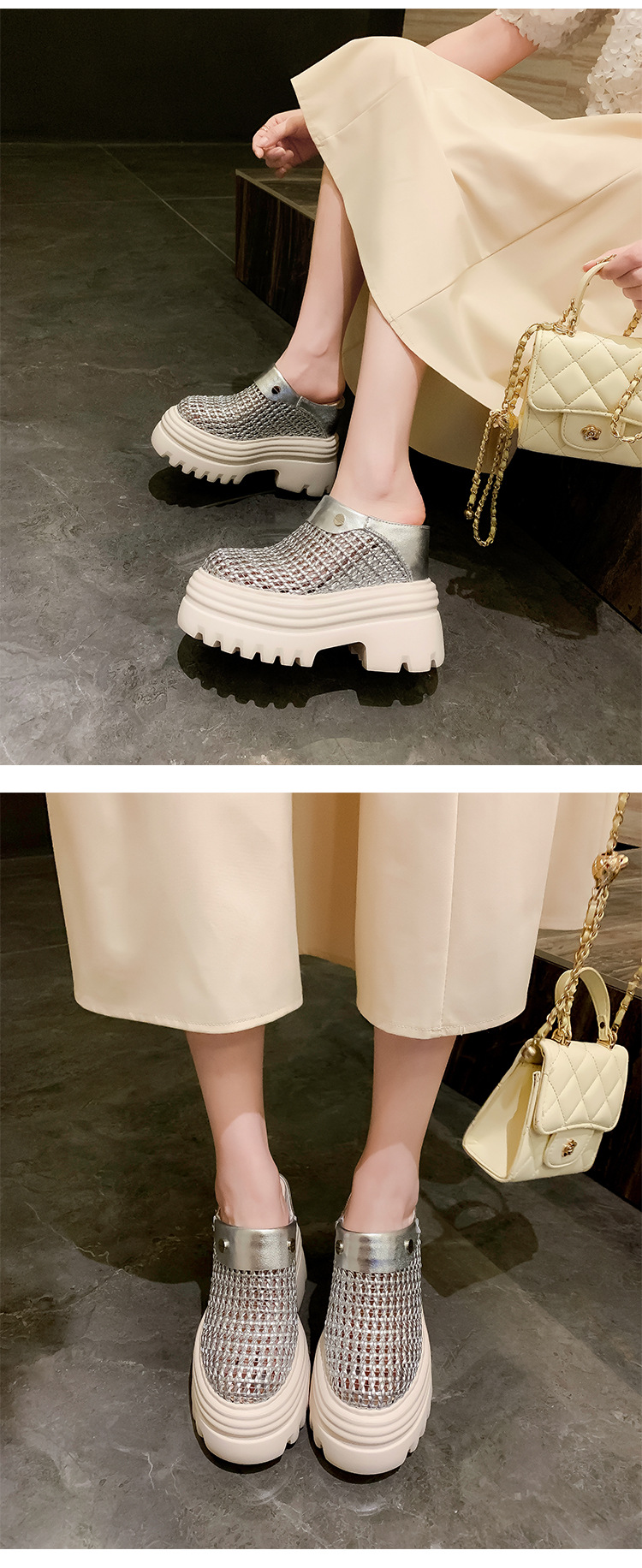 Dép lê đế xuồng cao gót siêu cao 15 cm, xăng đan bít mũi rỗng thoáng khí mùa hè, tăng chiều cao bên trong — Màu trắng be 15cm, Màu bạc 10cm, Màu trắng be 10cm, Màu bạc 12cm chi tiết 22