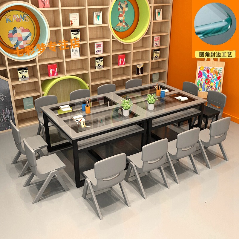 Desks and Chairs for Primary School and Kindergarten Tempered Glass Color Painting Table Studio Training Class Early Education Class Manual Tutoring Table Desks and Chairs for Primary School and Kindergarten Tempered Glass Color Painting Table Studio Training Class Early Education Class Manual Tutoring Table