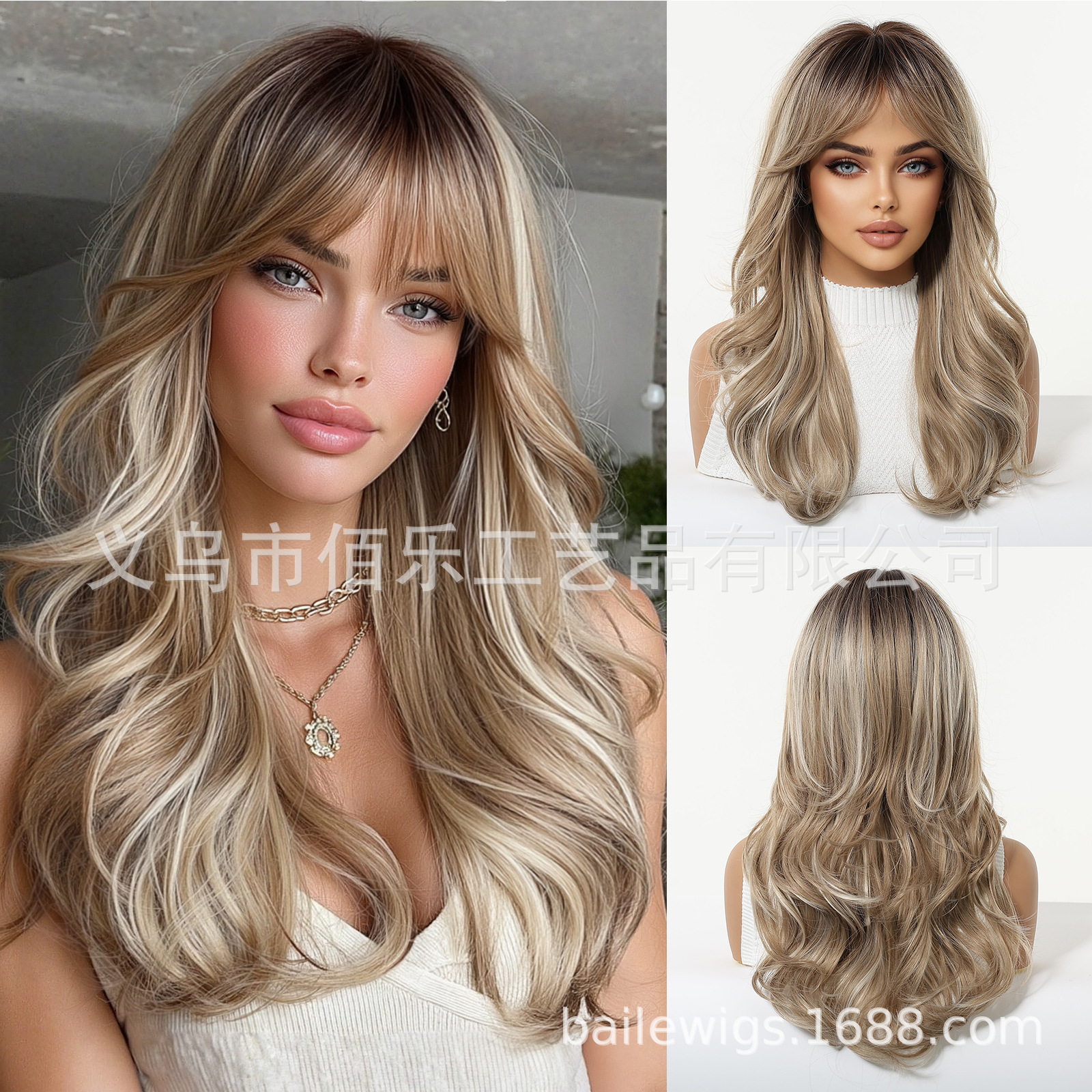 Pelucas de cabello de mujer gris frange largo rizado fibra química pelucas de cabello europeo al por mayor en stock