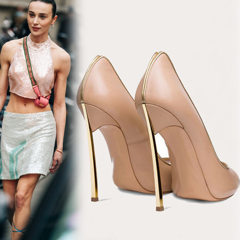 New Sexy Shallow Mouth Pointed Metallic High Heeled French Single-layer Shoes Foreign Trade plus size Catwalk Fashion Color-block Women's Shoes