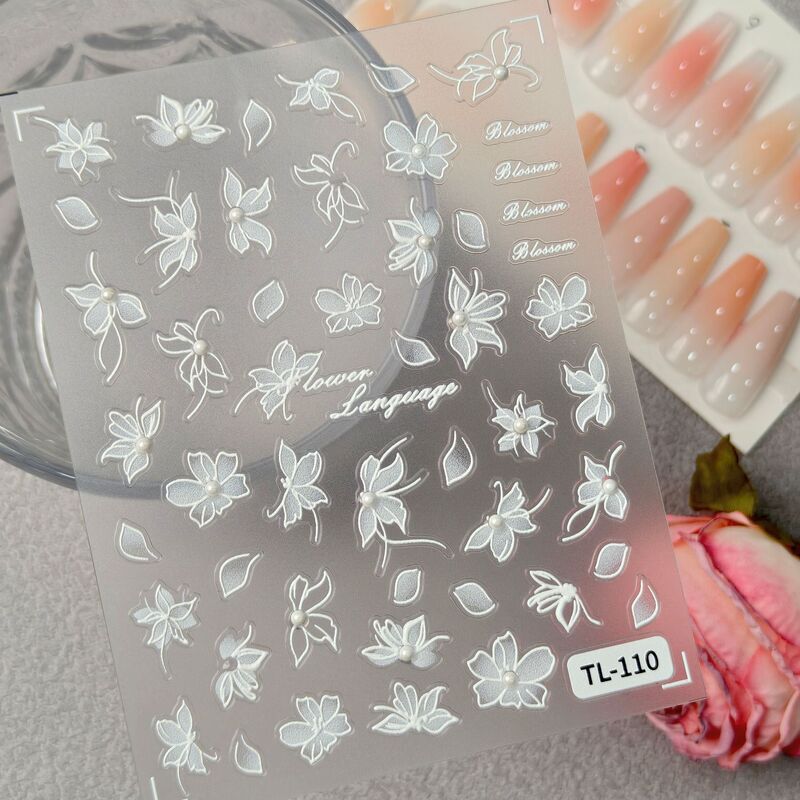 Pearl Elegant White Flower Nail Art Stickers 5D Embossed Three-Dimensional Versatile White Floral DIY Nail Stickers Tl Model