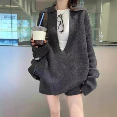 2025新款秋冬季大v领纯色针织套衫休闲慵懒风女式毛衣套装百搭款