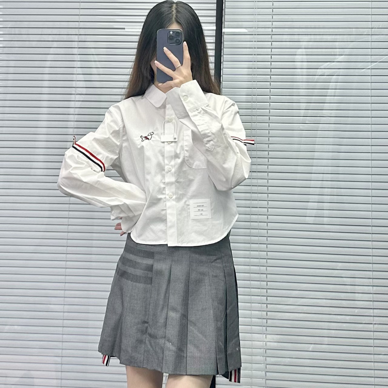 Factory Direct High-Quality Spring and Autumn Double-Sleeve Red, White, and Blue Striped Long-Sleeve Women's Short Fashion Shirt