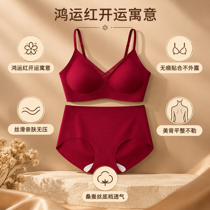 Red seamless lingerie set for the zodiac year, made with mulberry silk and featuring antibacterial gusset, perfect for weddings and bringing good luck, and includes a wireless bra