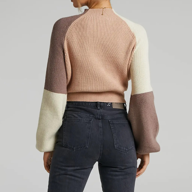 Damen-Strickpullover, Herbst/Winter-Mode, lockere Passform, Farbblock-Pullover, lässig, bequem, Rundhalsausschnitt, lange Ärmel_voghion.com
