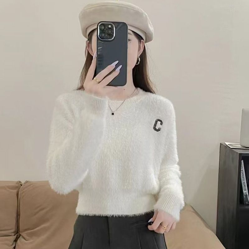温柔小香风软糯仿水貂绒毛衣女秋冬内搭小个子高腰短款宽松针织衫|undefined