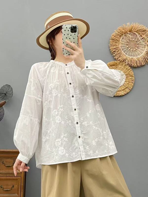 2025 Autumn Shirt Long-Sleeved Loose Casual Korean Style Sweet Lace Splicing Shirt Top Cotton Preppy Style